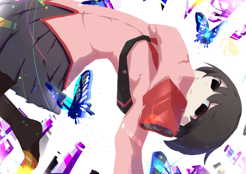 1girl arm_across_chest artist_name bangs black_hair black_legwear black_neckwear black_skirt bob_cut bug butterfly falling hair_between_eyes highres insect izu_lemon leaning_back long_sleeves looking_at_viewer monogatari_(series) naoetsu_high_school_uniform necktie no_outlines no_shoes oshino_ougi pale_skin pantyhose pink_shirt pleated_skirt school_uniform shirt short_hair skirt sleeves_past_fingers sleeves_past_wrists smile solo swallowtail_butterfly twitter_username white_background