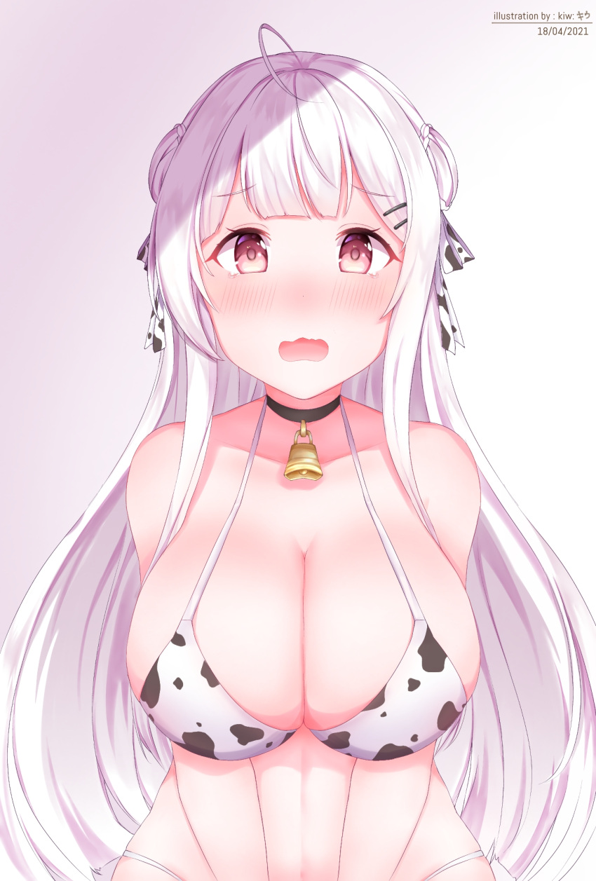 1girl 2021 animal_print artist_name azur_lane bell bikini black_choker blush bottle breasts choker cow_girl cow_print cowbell cygnet_(azur_lane) gradient gradient_background hair_ribbon highres kiw_kiu large_breasts long_hair looking_at_viewer milk_bottle open_mouth oppai_loli print_bikini red_eyes ribbon simple_background solo swimsuit upper_body v_arms white_hair