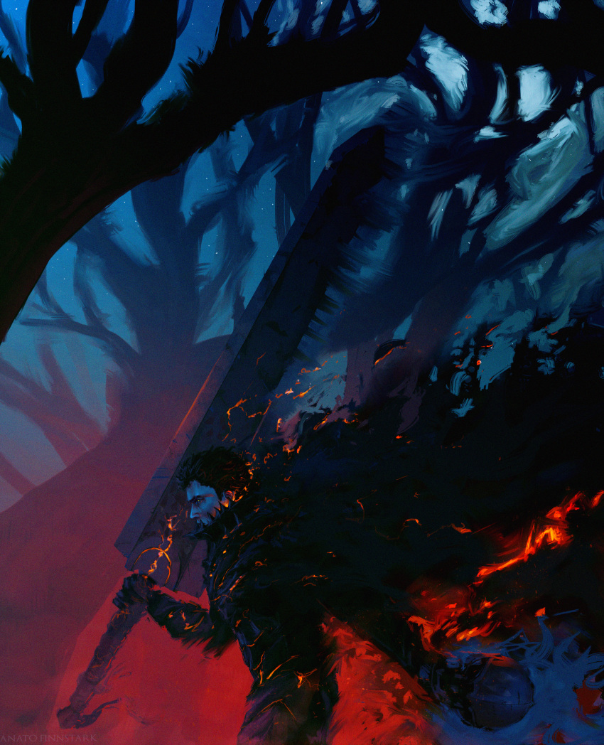 1boy absurdres anato_finnstark bare_tree berserk berserker_armor black_cape black_hair cape commentary dragonslayer_(sword) embers english_commentary fire from_side griffith_(berserk) highres holding holding_sword holding_weapon huge_filesize huge_weapon male_focus solo sword tree walking weapon