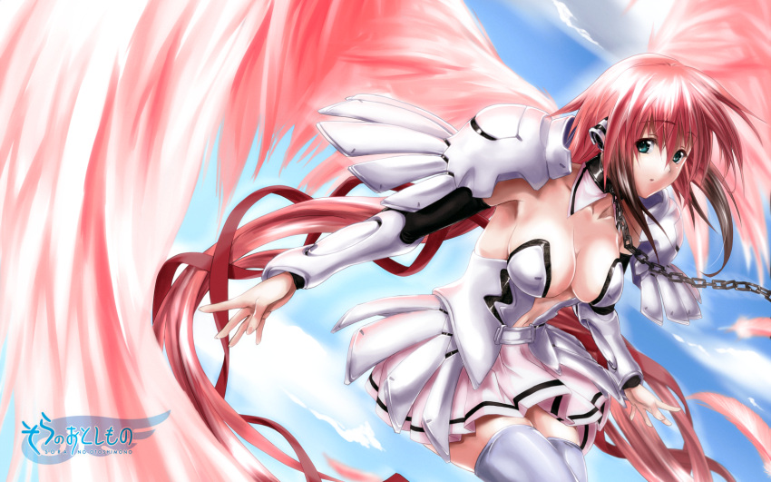 bare_shoulders breasts chain chains cleavage collar flying green_eyes highres ikaros pink_hair ribbon sora_no_otoshimono thigh-highs thighhighs twintails wallpaper wings yoshiomi