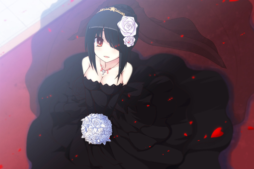 1girl alternate_hairstyle bare_shoulders black_hair bouquet breasts cleavage collarbone cross date_a_live dress flower hair_ornament highres looking_at_viewer open_mouth petals red_eyes rose see-through short_hair solo star tokisaki_kurumi uiu veil wedding_dress