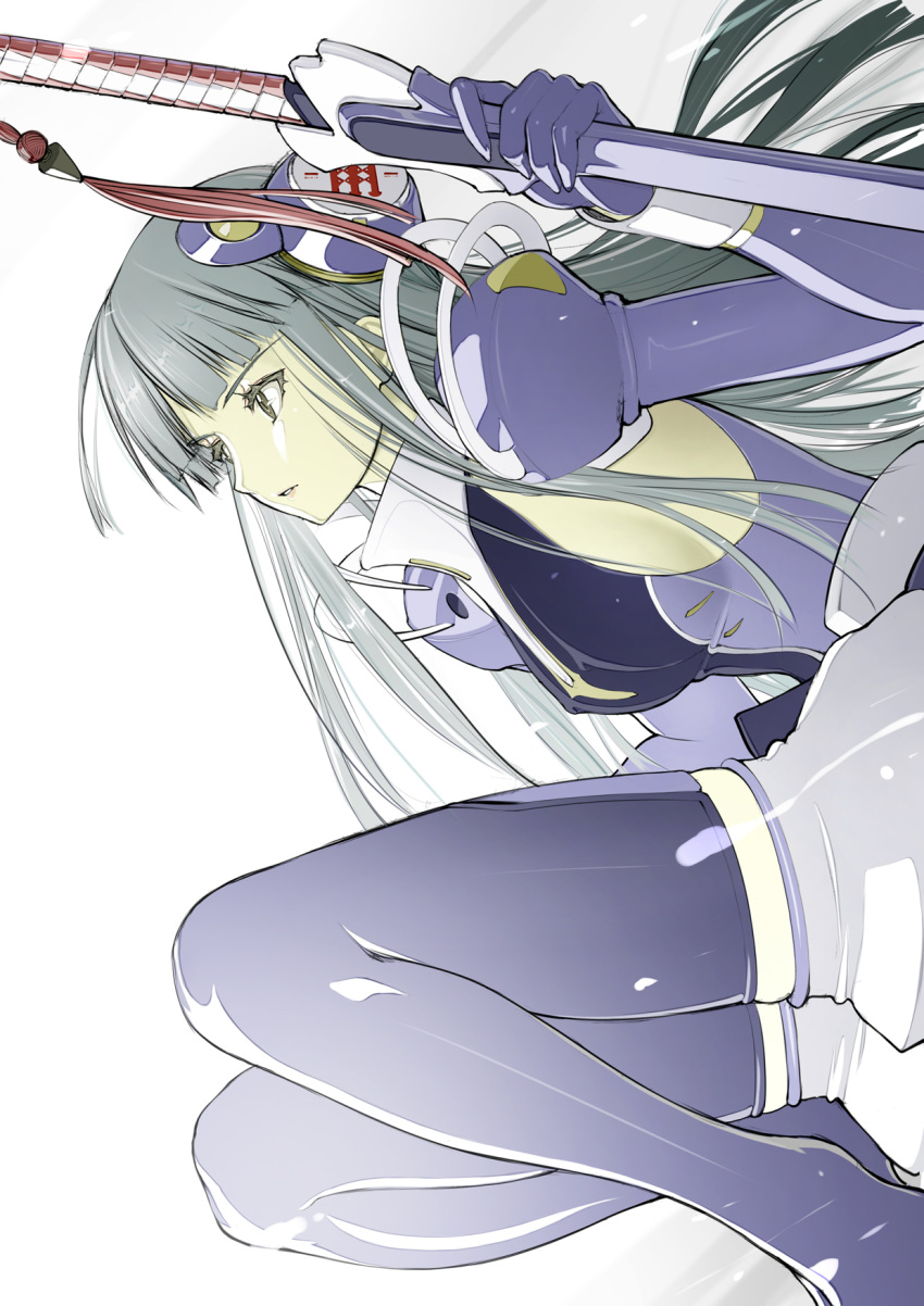 ar_tonelico ar_tonelico_iii blue_hair blue_thighhighs boots brown_eyes gloves gust hair_ornament highres long_hair nakaba_reimei solo sword thigh_boots thighhighs weapon zettai_ryouiki