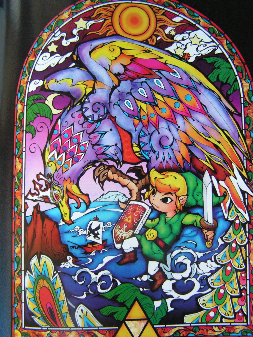 bird black_eyes blonde_hair boat boots cloud glass hat highres link moon nintendo ocean official_art pointy_ears shield stained_glass star sun sword the_legend_of_zelda toon_link triforce weapon