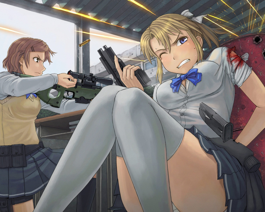 bandage bandages battle blonde_girl_(itou) blonde_hair blood blue_eyes bolt_action bra breasts casing_ejection cleavage clenched_teeth gun hair_ribbon handgun highres itou_(onsoku_tassha) legs lingerie locked_slide magazine_(weapon) magazine_ejection original ponytail reloading ribbon rifle school_uniform scope shell_casing sniper_rifle sweat sweater_vest thigh-highs thighhighs torn_clothes trigger_discipline unbuttoned underwear weapon wince wink