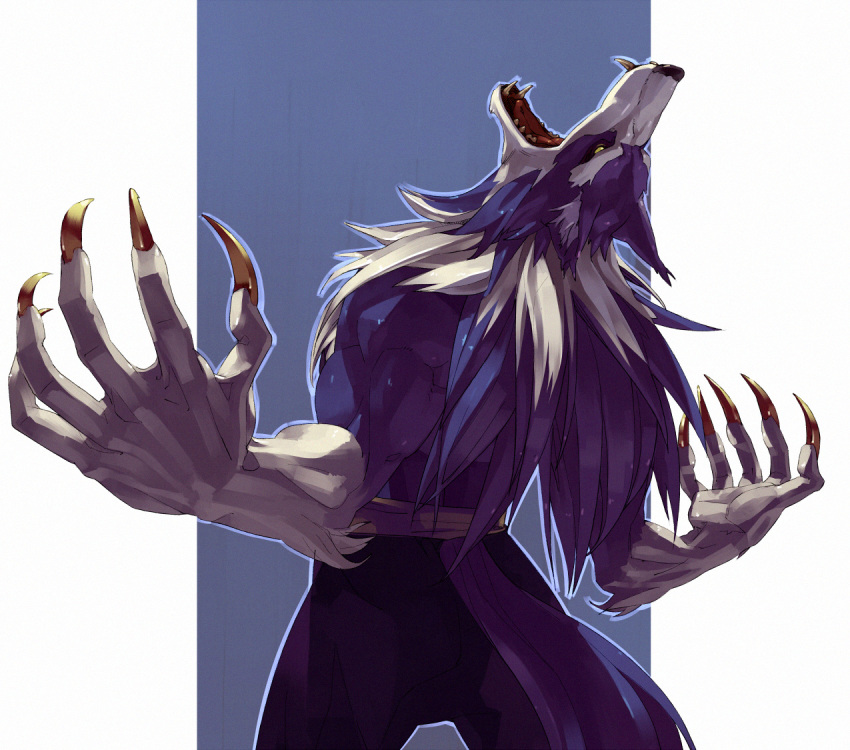 animal_ears blue_hair capcom claws fangs from_behind fur gallon male open_mouth pants shihou shihou_(g-o-s) simple_background solo tail vampire_(game) werewolf white_hair wolf_ears wolf_tail yellow_eyes