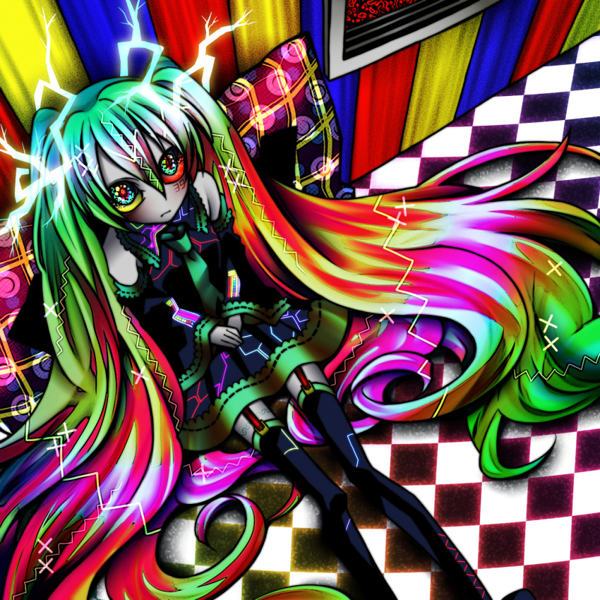 abstract bad_id checkered colorful detached_sleeves hatsune_miku highres long_hair ninomae solo thigh-highs thighhighs twintails very_long_hair vocaloid