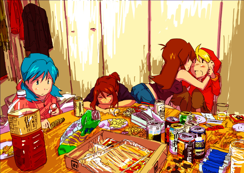 androgynous artist_request blonde_hair blue_(pokemon) blue_hair blush bottle brown_hair can chips crystal_(pokemon) cup drink drunk food holding hoodie long_hair multiple_girls napkin ninjin_(eva2014) no_bandana odamaki_sapphire pokemon pokemon_special reverse_trap yellow_(pokemon) yuri