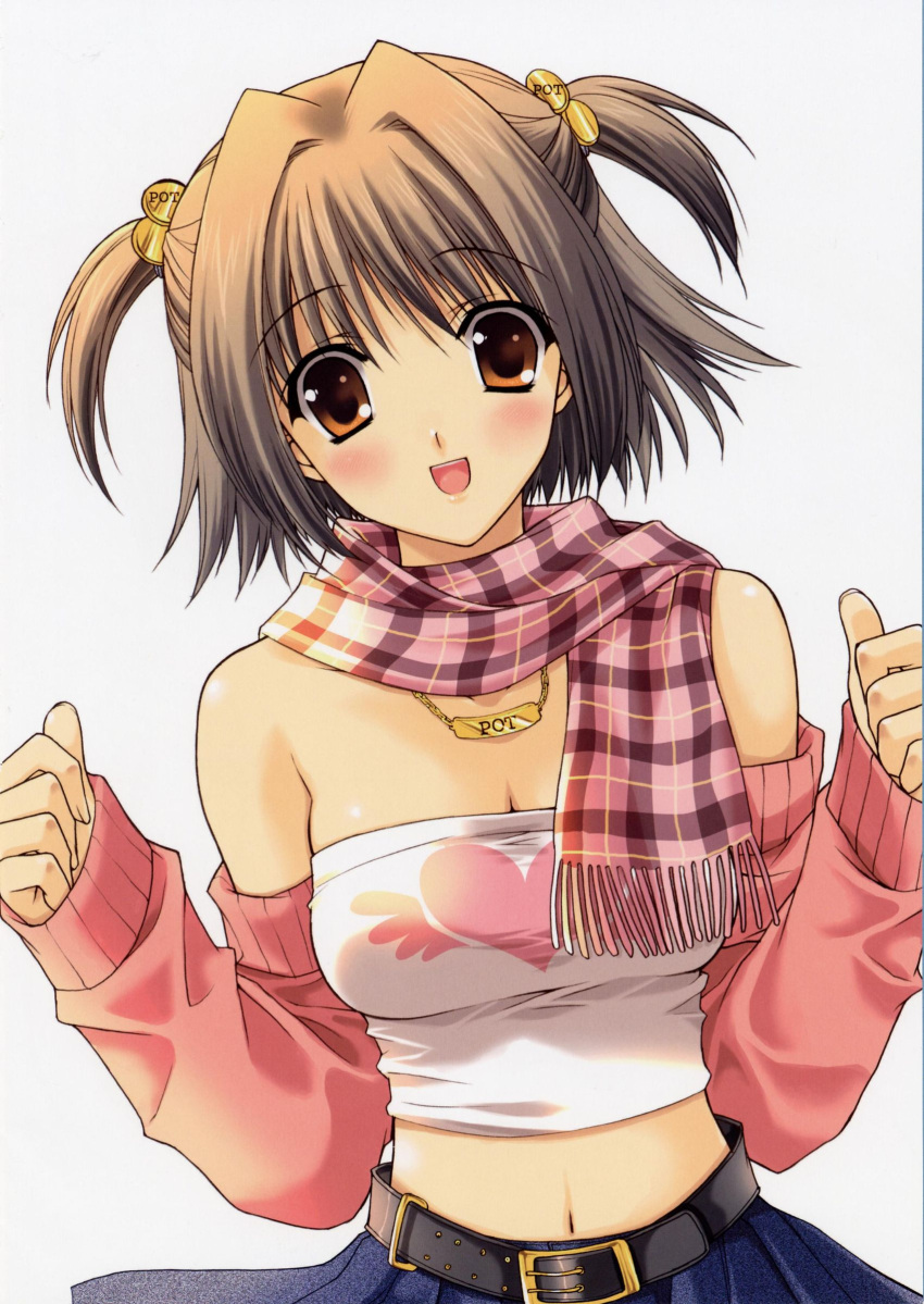 arm_warmers bare_shoulders belt blush breasts brown_hair cleavage highres jewelry midriff navel necklace open_mouth orange_eyes scarf short_hair short_twintails suzuhira_hiro tubetop twintails