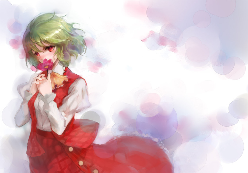 flower green_hair holding holding_flower kazami_yuuka long_skirt nokishita plaid plaid_skirt plaid_vest red_eyes short_hair skirt skirt_set smelling_flower solo touhou wind