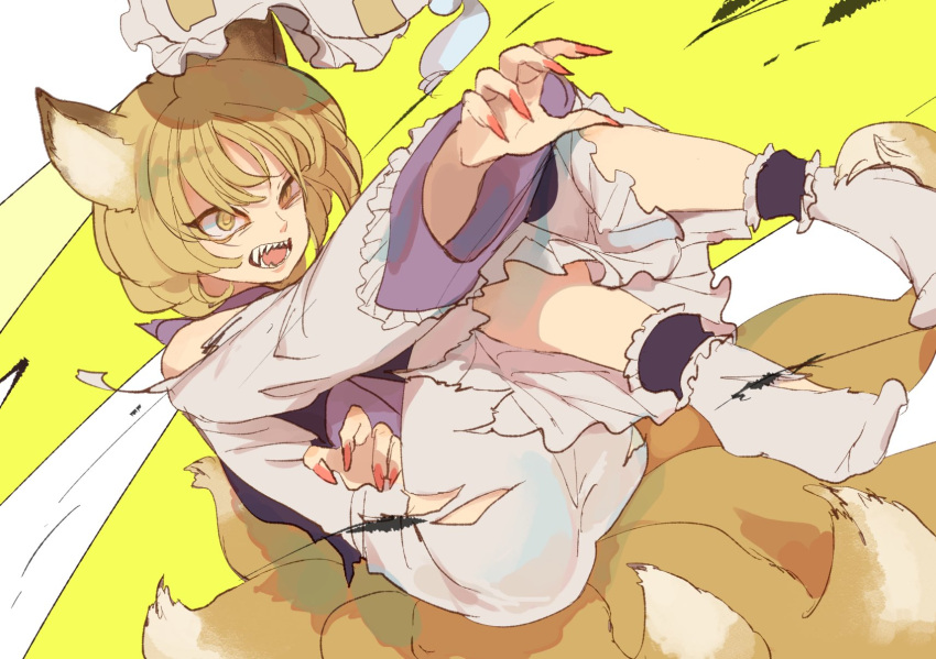 1girl animal_ears blonde_hair dress fingernails fox_ears fox_tail full_body hat hat_removed headwear_removed highres joniko1110 multiple_tails pillow_hat reaching_out serious sharp_fingernails short_hair simple_background solo tabard tail torn_clothes touhou white_dress yakumo_ran yellow_background yellow_eyes
