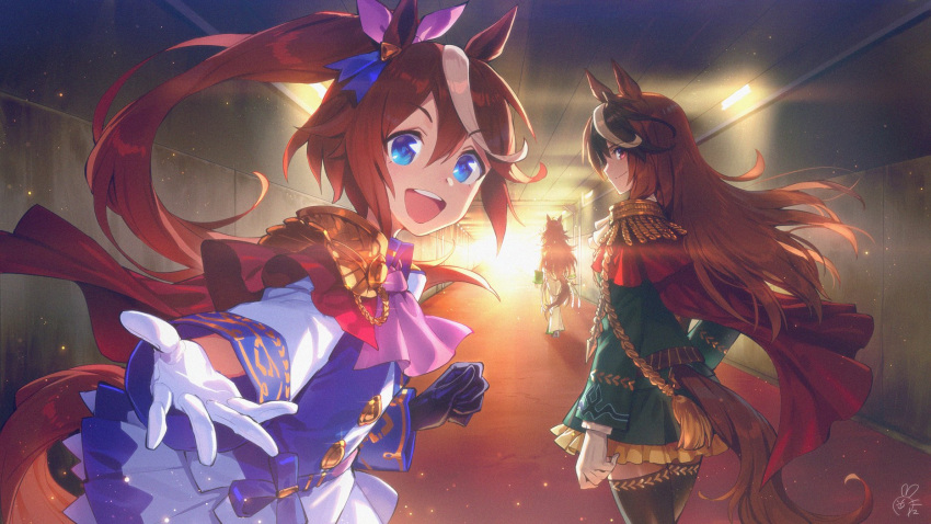 3girls animal_ears blue_eyes brown_hair cape epaulettes gloves highres horse_ears horse_tail looking_back mismatched_gloves mr_c_b_(umamusume) multiple_girls okada_manabi ponytail reaching_out signature single_epaulette smile symboli_rudolf_(umamusume) tail thigh-highs tokai_teio_(umamusume) umamusume violet_eyes walking_away