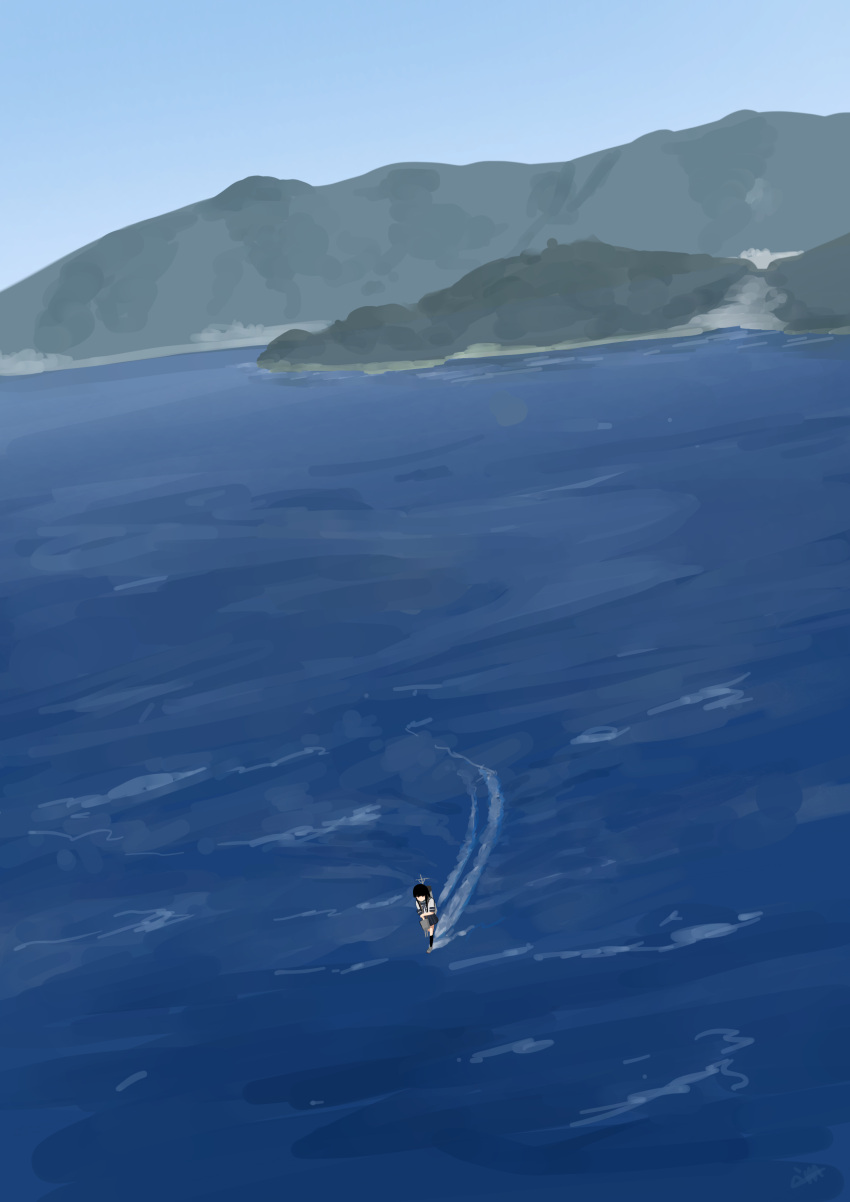1girl 4me_4ma absurdres black_hair blue_sky day from_above hatsuyuki_(kancolle) highres hime_cut kantai_collection long_hair machinery mountain outdoors scenery school_uniform serafuku sky solo water