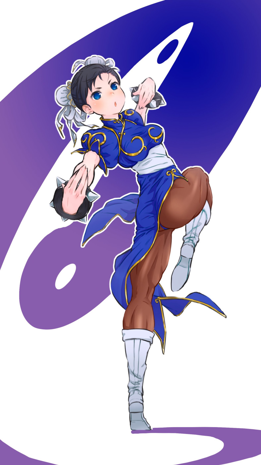 1girl absurdres black_hair blue_dress blue_eyes blush boots bracelet breasts brown_legwear bun_cover china_dress chinese_clothes chun-li double_bun dress full_body hands_up highres jewelry leg_up looking_at_viewer medium_breasts outline pantyhose puffy_short_sleeves puffy_sleeves short_sleeves solo spiked_bracelet spikes standing street_fighter white_footwear white_outline yoshi_mi_yoshi