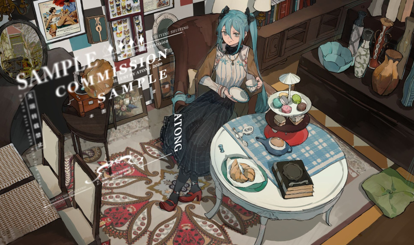 1girl artist_name black_bow black_legwear black_skirt blue_hair bow bug butterfly chair chocolate_(jitong) commission croissant dated food hair_between_eyes hair_bow hatsune_miku highres indoors insect jewelry long_sleeves macaron mirror necklace phonograph picture_(object) red_footwear rug sample sitting skirt solo table teapot tiered_tray twintails vase vocaloid
