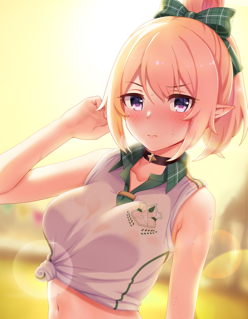 3: backlighting bangs bare_arms bare_shoulders black_choker blonde_hair bloom blurry blurry_background blush bow breasts chloe_(princess_connect!) choker closed_mouth collared_shirt depth_of_field elf emblem eyebrows_visible_through_hair green_bow gym_shirt hair_bow hand_in_hair highres lens_flare looking_at_viewer medium_breasts mumistar navel one-hour_drawing_challenge pointy_ears princess_connect! see-through shirt short_hair short_ponytail sidelocks sleeveless sleeveless_shirt solo sweat tied_shirt upper_body v-shaped_eyebrows violet_eyes wet wet_clothes wet_shirt white_shirt