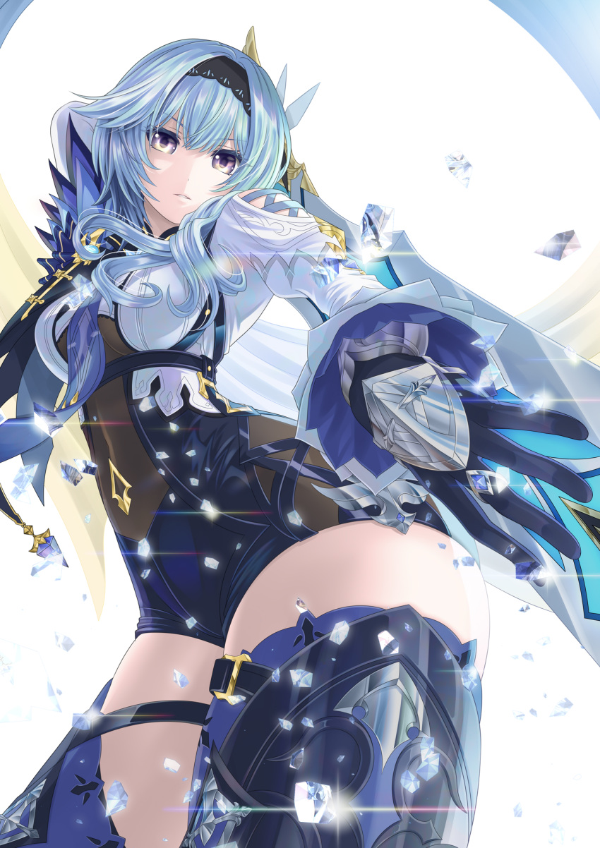 1girl arm_up bangs black_gloves black_hairband blue_gloves blue_hair blue_legwear blue_neckwear bodystocking boots breasts cape eula_lawrence genshin_impact gloves greatsword hair_ornament hairband highres holding holding_sword holding_weapon long_sleeves looking_at_viewer matsuba_ryou medium_breasts medium_hair multicolored multicolored_clothes multicolored_eyes multicolored_gloves necktie single_bare_shoulder solo sparkle sword thigh-highs thigh_boots thigh_strap thighs violet_eyes vision_(genshin_impact) weapon weapon_on_back white_background yellow_eyes