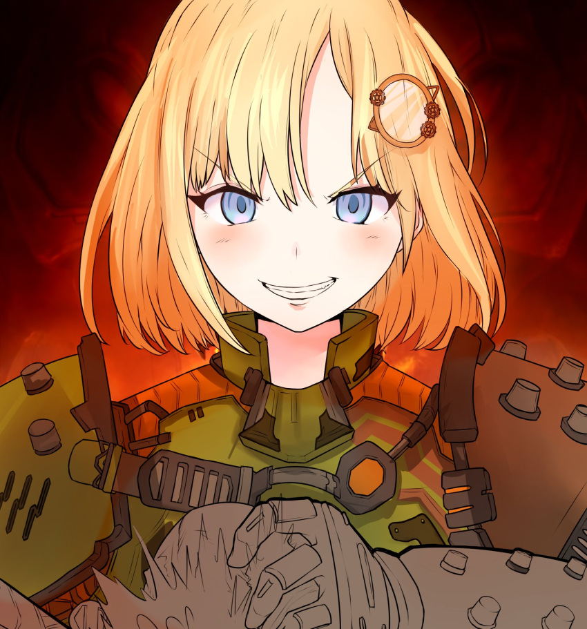 1girl armor artificialdyslexia bangs blonde_hair blue_eyes doom_(series) full_armor green_armor highres hololive hololive_english looking_at_viewer praetor_suit red_background short_hair smile solo teeth upper_body watson_amelia