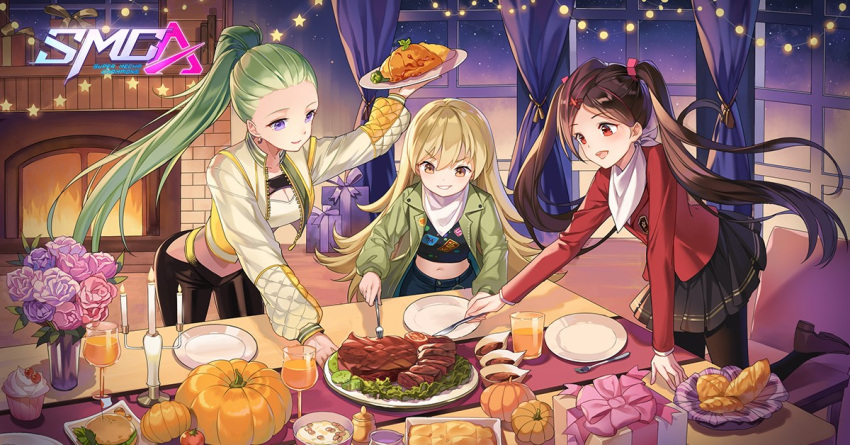 3girls candle chair decorations earrings eyebrows_visible_through_hair fireplace flower food gift glass grin jacket jewelry joanna_(smc) logo mila_(smc) multiple_girls ning_(smc) official_art ponytail pumpkin serving smile steak super_mecha_champions thanksgiving turkey_(food) twintails