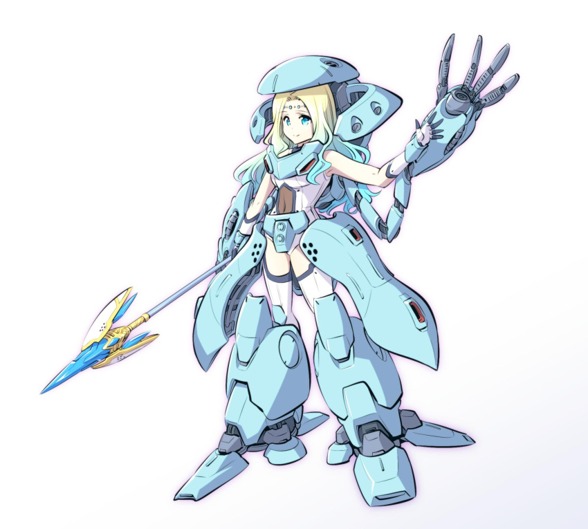 1girl alternate_costume aqua_eyes aqua_hair buchi_holes cosplay g-spring_goddess_(ishiyumi) gloves gradient_hair gundam gundam_0080 highres holding holding_staff hygogg hygogg_(cosplay) ishiyumi mecha_musume multicolored_hair original platinum_blonde_hair school_swimsuit solo staff swimsuit thigh-highs white_swimsuit