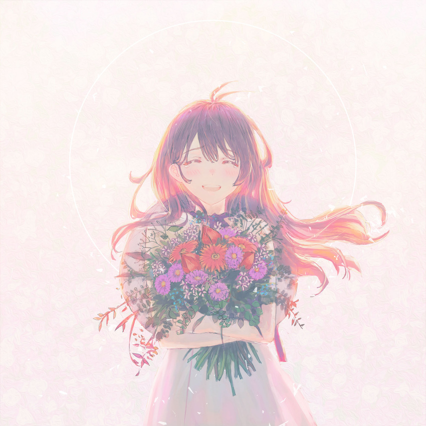 1girl antenna_hair blush brown_hair closed_eyes crossed_arms dress eyebrows_visible_through_hair flower hat_on_back highres holding holding_flower long_hair open_mouth original purple_flower smile solo tearing_up tokiki_(tomok1) upper_body white_dress |d