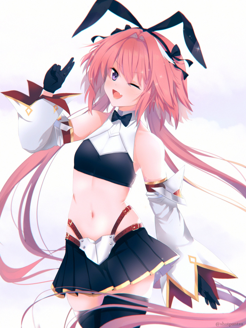1boy absurdres astolfo_(fate) astolfo_(saber)_(fate) black_bow black_gloves black_legwear black_neckwear black_ribbon bow bowtie braid fang fate/grand_order fate_(series) gloves hair_intakes highres long_hair looking_at_viewer low_twintails male_focus multicolored_hair one_eye_closed otoko_no_ko pantsu_shot pink_hair ribbon skin_fang smile solo streaked_hair twintails violet_eyes white_hair