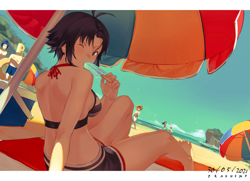 1boy 5girls absurdres amami_haruka antenna_hair artist_name beach beach_umbrella bikini black_hair dated drakhend66 dutch_angle eating food hagiwara_yukiho highres idolmaster idolmaster_million_live! idolmaster_million_live!_theater_days kikuchi_makoto kisaragi_chihaya miura_azusa multiple_girls ocean one_eye_closed p-head_producer popsicle short_hair sitting solo_focus swimsuit umbrella