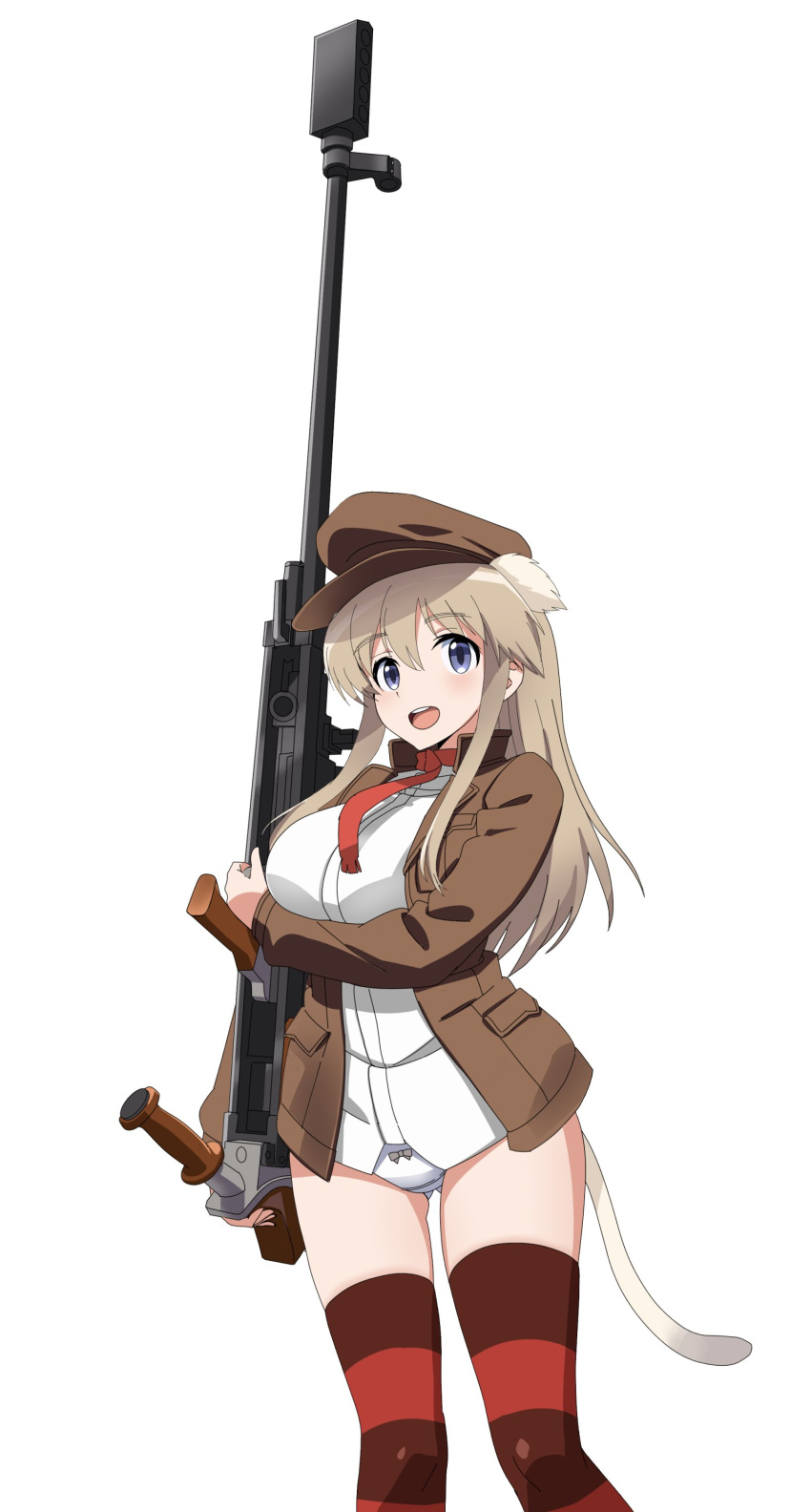 1girl absurdres animal_ears ass_visible_through_thighs bangs blue_eyes bow bow_panties boys_anti_tank_rifle brown_headwear brown_jacket cat_tail commentary_request cowboy_shot crotch_seam eyebrows_visible_through_hair flat_cap gun hat highres holding holding_gun holding_weapon jacket kaneko_(novram58) light_brown_hair long_hair long_sleeves looking_at_viewer necktie no_pants open_mouth panties photoshop_(medium) red_legwear red_neckwear shirt simple_background smile solo standing strike_witches:_katayoku_no_majo-tachi striped striped_legwear tail thigh-highs underwear weapon white_background white_shirt wilma_bishop world_witches_series
