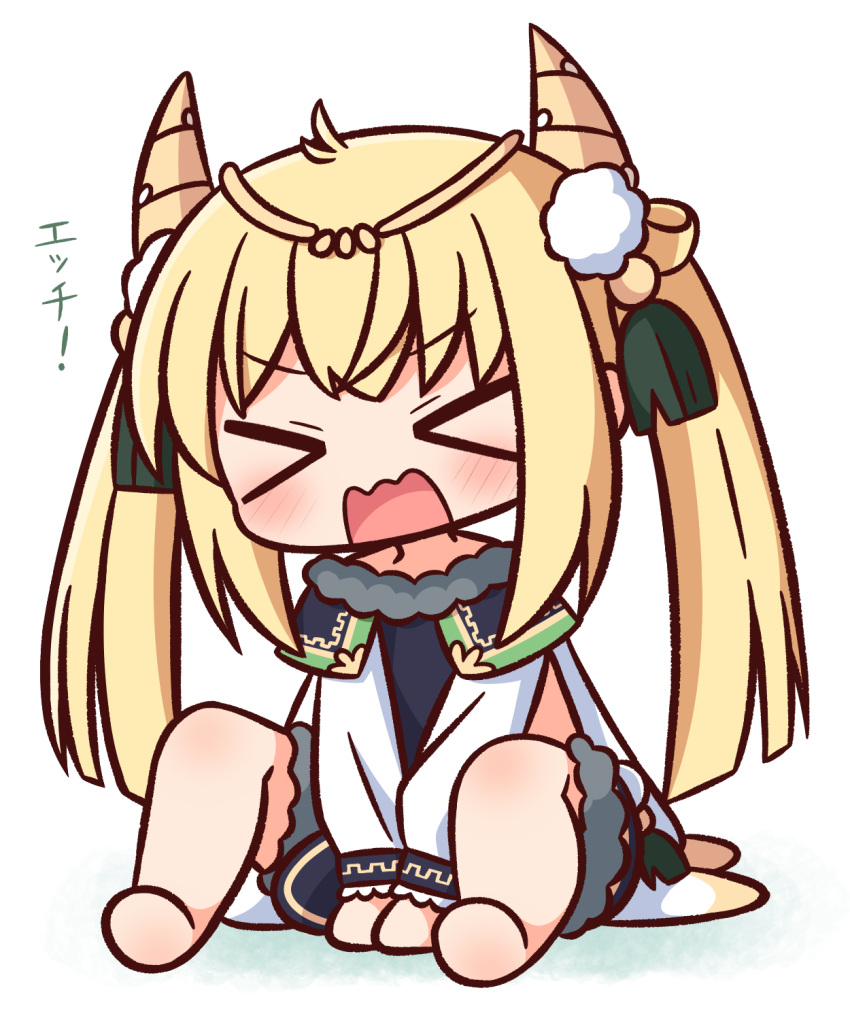 &gt;_&lt; 1girl bangs barefoot between_legs blonde_hair blush character_request chibi closed_eyes eyebrows_visible_through_hair facing_viewer full_body fur_trim hana_kazari hand_between_legs highres horns knees_up long_hair merc_storia open_mouth shirt sitting solo translation_request twintails v-shaped_eyebrows very_long_hair wavy_mouth white_background white_shirt