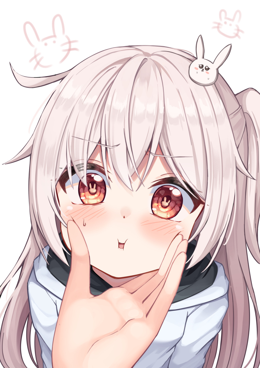 1girl :i absurdres bangs blush bunny-shaped_pupils bunny_hair_ornament cheek_squash commentary_request eyebrows_visible_through_hair hair_ornament hand_on_another's_cheek hand_on_another's_face highres hood hoodie long_hair looking_at_viewer mannack original pov red_eyes sweatdrop upper_body white_background white_hair white_hoodie