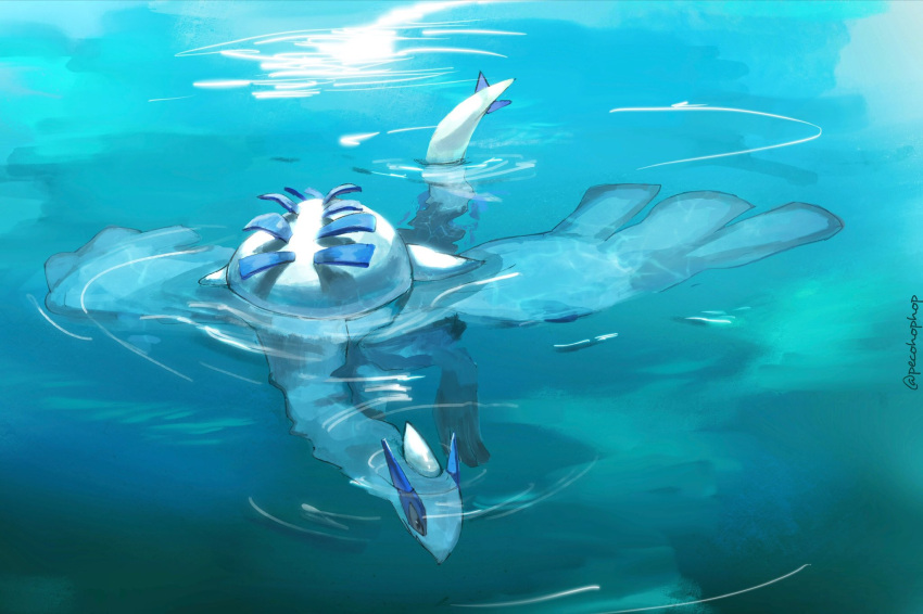 day gen_2_pokemon highres legendary_pokemon lugia no_humans outdoors partially_submerged pecohophop pokemon pokemon_(creature) ripples signature solo swimming toes water