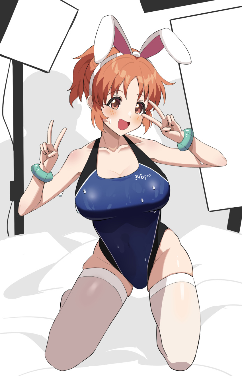 1girl abe_nana animal_ears blue_swimsuit bracelet brown_eyes brown_hair chinese_commentary collarbone competition_swimsuit double_v full_body highleg highleg_swimsuit highres idolmaster idolmaster_cinderella_girls jewelry kneeling one-piece_swimsuit open_mouth ponytail rabbit_ears short_hair solo swimsuit thigh-highs v white_legwear za_yu_a