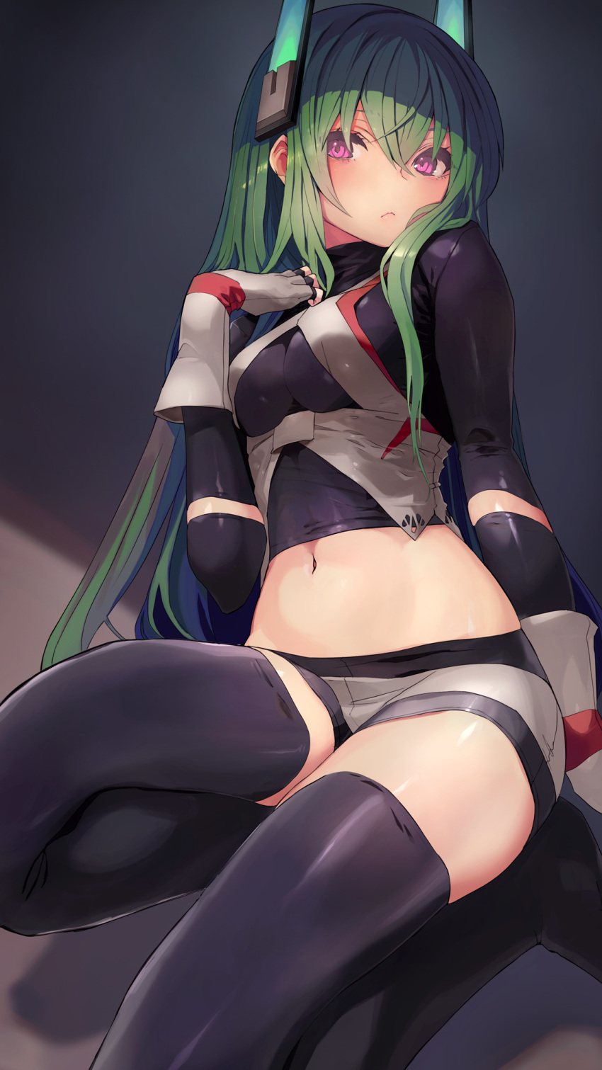 1girl arm_support bangs black_gloves black_legwear bodystocking breasts closed_mouth commentary_request cowboy_shot crossed_bangs eyebrows_visible_through_hair fingerless_gloves gloves green_hair hair_between_eyes hand_on_own_chest headgear highres long_hair medium_breasts menou_kaname midriff navel original partial_commentary short_shorts shorts sidelocks sitting skin_tight skindentation solo taishi_(picchiridou) violet_eyes white_gloves white_shorts