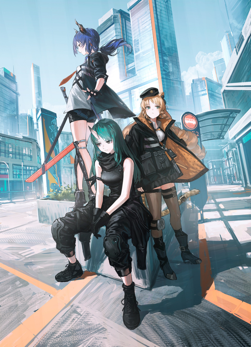 3girls animal_ears ankle_boots arknights arm_ribbon armor bangs bare_shoulders black_coat black_footwear black_gloves black_headwear black_pants black_shorts blonde_hair blue_eyes blue_hair boots breastplate breasts brown_eyes brown_legwear building bus_stop ch'en_(arknights) city closed_mouth coat copyright_name day dragon_girl dragon_horns dragon_tail earpiece fingerless_gloves full_body gloves green_hair hat high_heel_boots high_heels highres horns hoshiguma_(arknights) knee_pads long_hair long_sleeves looking_at_viewer low_ponytail medium_breasts multiple_girls official_art open_clothes open_coat outdoors pants parted_bangs parted_lips reoen ribbon ringlets shin_guards shirt short_shorts short_sleeves shorts single_horn sitting skin-covered_horns standing swire_(arknights) tail thigh-highs tiger_ears tiger_girl tiger_tail very_long_hair white_shirt zettai_ryouiki