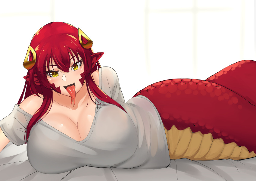 1girl absurdres blush breasts collarbone commission commissioner_upload eyebrows_visible_through_hair grey_shirt hair_ornament highres lamia large_breasts long_hair looking_at_viewer lying miia_(monster_musume) monster_girl monster_musume_no_iru_nichijou on_bed on_side open_mouth pointy_ears redhead revision scales shirt simple_background slit_pupils solo stormcow yellow_eyes