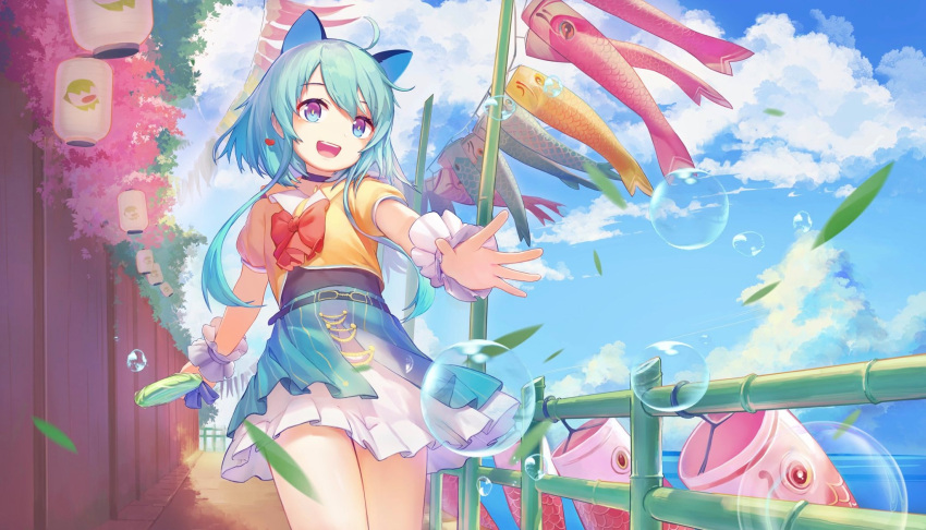 1girl ahoge animal_ears aqua_hair bamboo bamboo_fence bubble candy carp cat_ears cherry_blossoms children's_day clouds collar detached_sleeves fence food gradient_eyes highres lantern leaves_in_wind lollipop multicolored multicolored_eyes official_art ribbon riko_(smc) sky smile super_mecha_champions