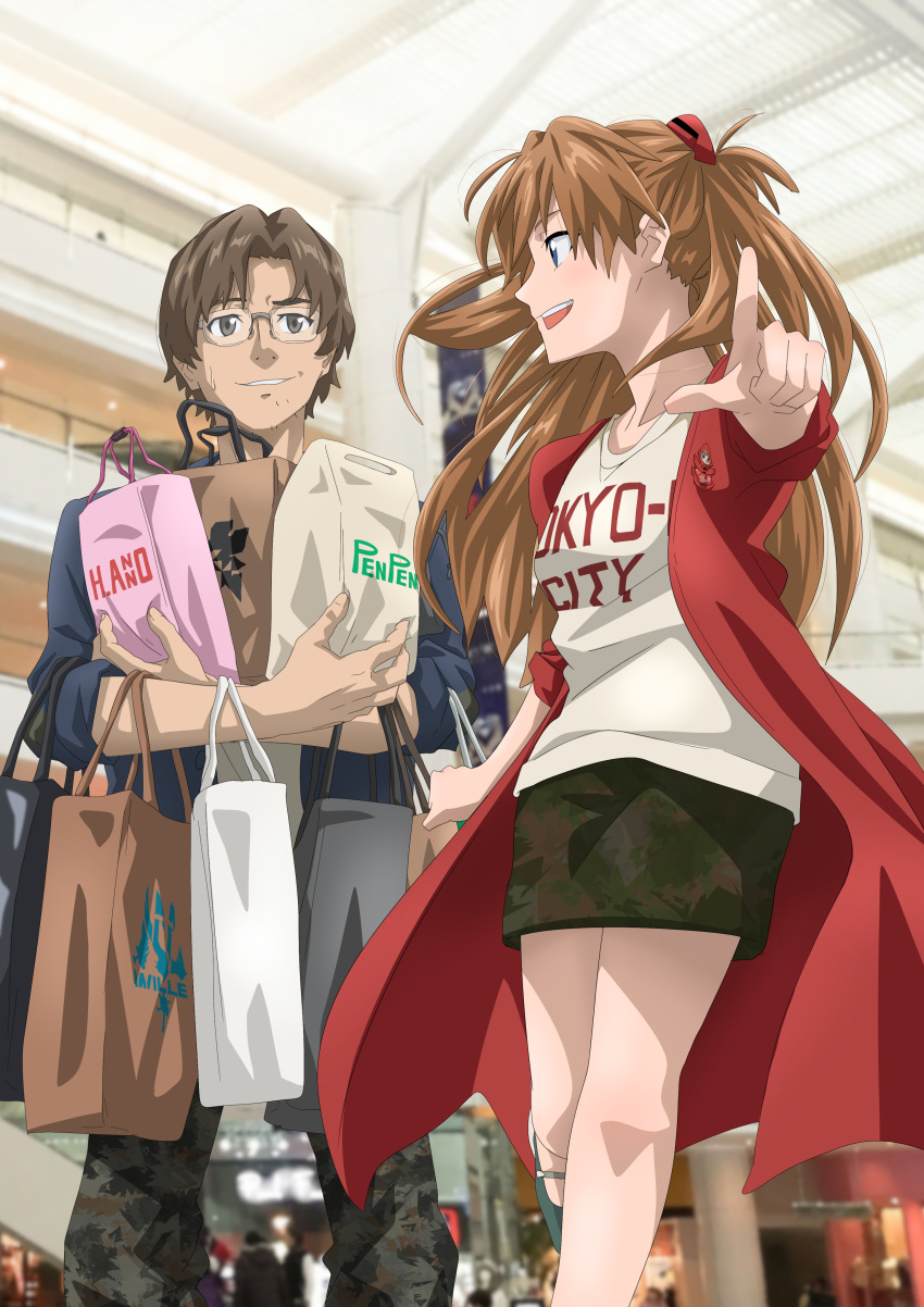 1boy 1girl absurdres age_difference aida_kensuke bag bangs beard blue_eyes blush breasts brown_eyes brown_hair carrying_bag couple evangelion:_3.0+1.0_thrice_upon_a_time face-to-face facial_hair glasses grin hair_ornament hairclip happy high_heels highres indoors jacket laughing legs long_hair looking_back neon_genesis_evangelion nervous_smile official_art open_mouth pointing rebuild_of_evangelion skirt smile souryuu_asuka_langley sweat twintails