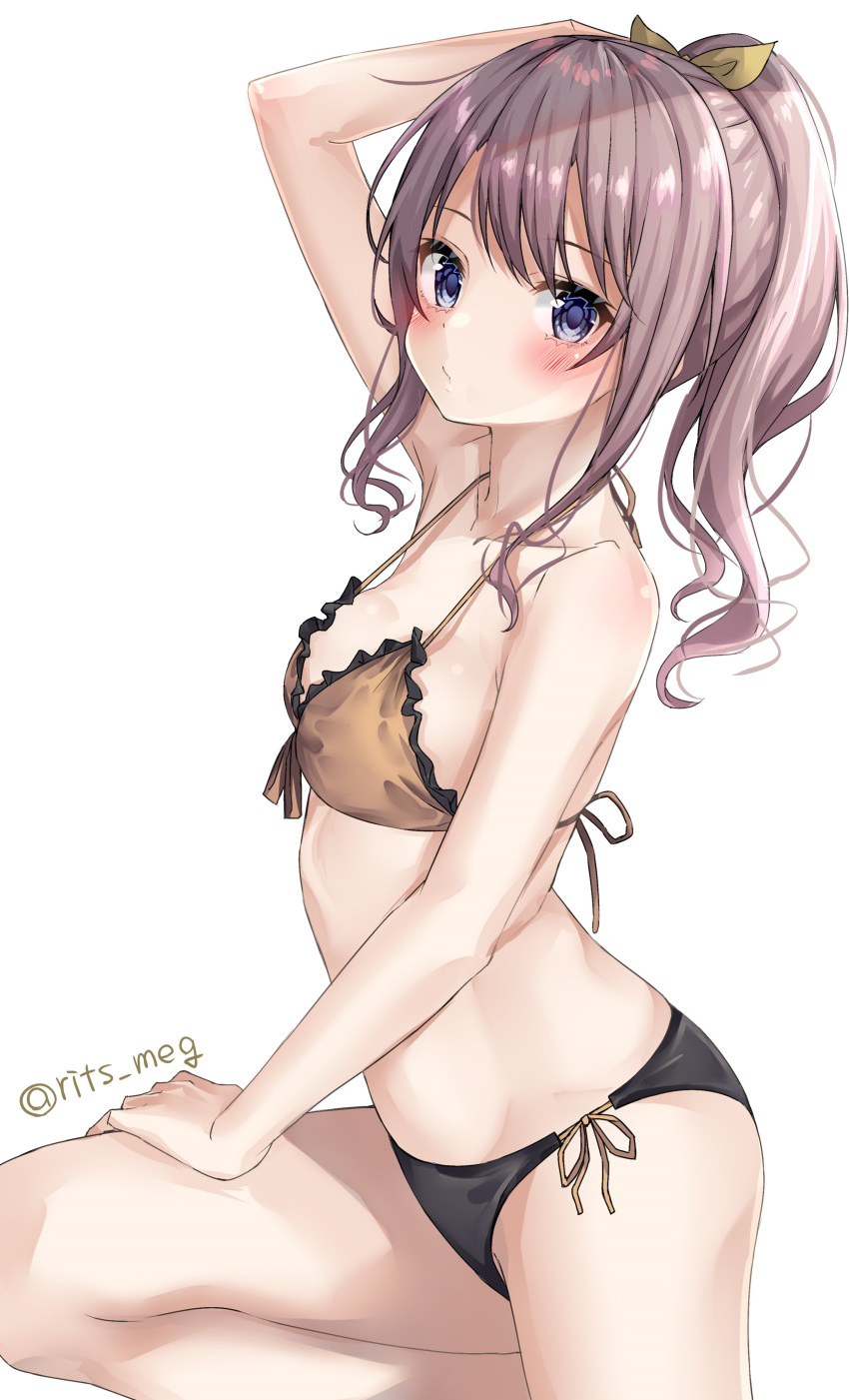 1girl absurdres bang_dream! bangs bikini black_bikini blue_eyes blush breasts brown_bikini brown_hair closed_mouth commentary from_side front-tie_bikini front-tie_top hair_ribbon halterneck hand_on_own_thigh highres leg_up light_frown looking_at_viewer medium_hair mismatched_bikini ponytail ribbon rits_(apud8788) side-tie_bikini simple_background small_breasts solo swimsuit twitter_username white_background yamabuki_saaya yellow_ribbon