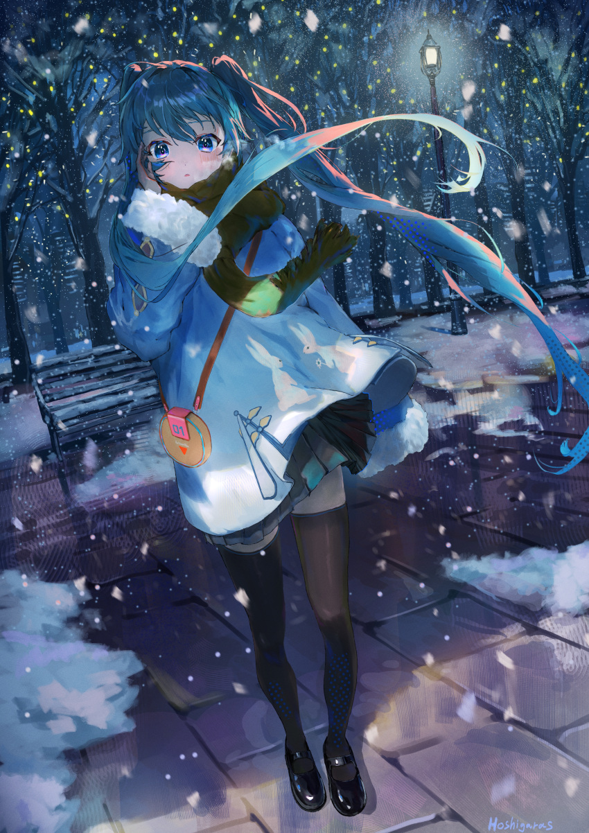 1girl absurdres black_footwear black_legwear blue_coat blue_eyes blue_hair blush coat floating_hair fur-trimmed_sleeves fur_trim grey_skirt hand_on_own_cheek hand_on_own_face hatsune_miku highres hirooriginals huge_filesize long_hair long_sleeves looking_at_viewer mary_janes miniskirt night outdoors pleated_skirt shiny shiny_hair shoes signature skirt snowing solo thigh-highs very_long_hair vocaloid zettai_ryouiki