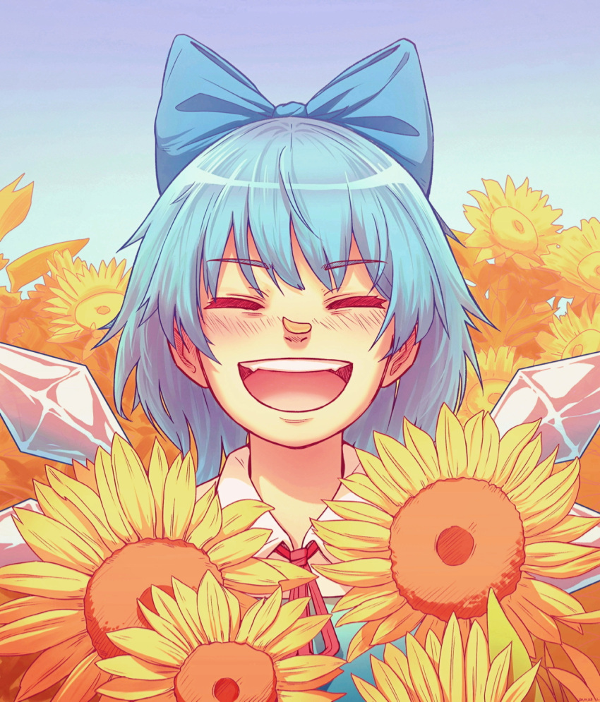 1girl :d absurdres bangs blue_bow blue_hair blush bow cirno closed_eyes commentary_request day eyebrows_visible_through_hair facing_viewer field flower flower_field hair_bow happy highres ice ice_wings medium_hair nostrils outdoors red_neckwear red_ribbon ribbon royl sky smile solo sunflower teeth touhou upper_body upper_teeth wing_collar wings yellow_flower