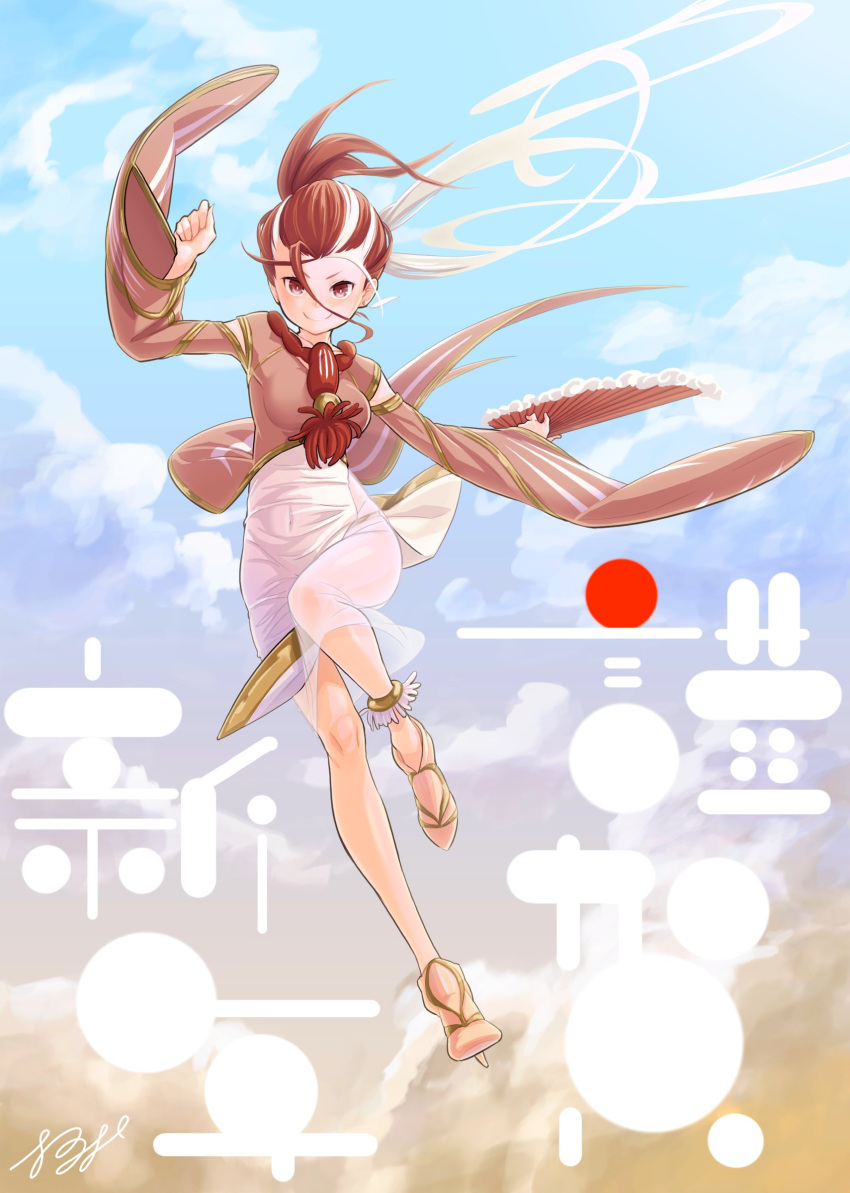 1girl absurdres arm_up breasts brown_hair check_copyright clouds copyright_request covered_navel dress fan full_body highres long_hair long_sleeves looking_at_viewer medium_breasts multicolored_hair original red_eyes shoes signature solo streaked_hair white_dress white_hair wide_sleeves yoshi_mi_yoshi