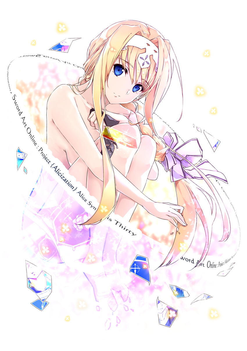 1girl alice_zuberg bangs barefoot blonde_hair blue_eyes bow braid braided_ponytail breasts character_name closed_mouth collarbone completely_nude copyright_name eyebrows_visible_through_hair floating_hair hair_between_eyes hair_bow hair_intakes hairband highres long_hair medium_breasts nude shi-2 shiny shiny_hair sideboob sidelocks sitting solo sword_art_online very_long_hair white_background white_bow white_hairband