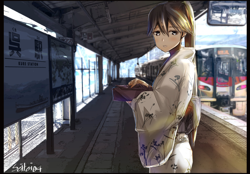 1girl black_hair highres houshou_(kancolle) japanese_clothes kantai_collection kimono long_hair looking_at_viewer ponytail seitei_(04seitei) solo solo_focus train_station white_kimono