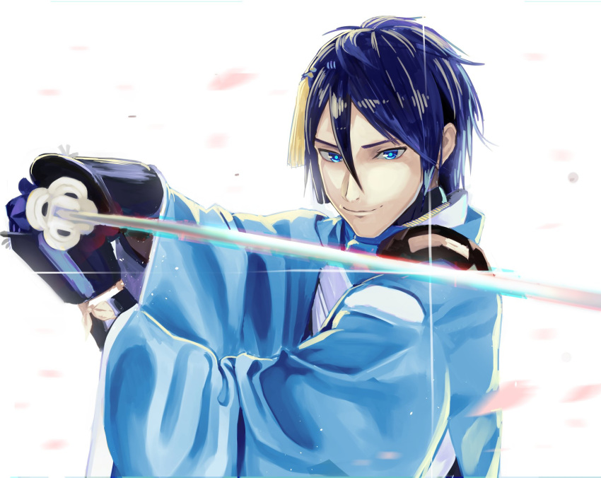 1boy blue_eyes blue_hair blue_pupils bright_pupils closed_mouth copyright_request gauntlets glint gloves greatmosu hair_between_eyes haori highres holding holding_sword holding_weapon japanese_clothes katana long_sleeves looking_at_viewer male_focus purple_gloves smile solo sword tassel two-handed upper_body weapon