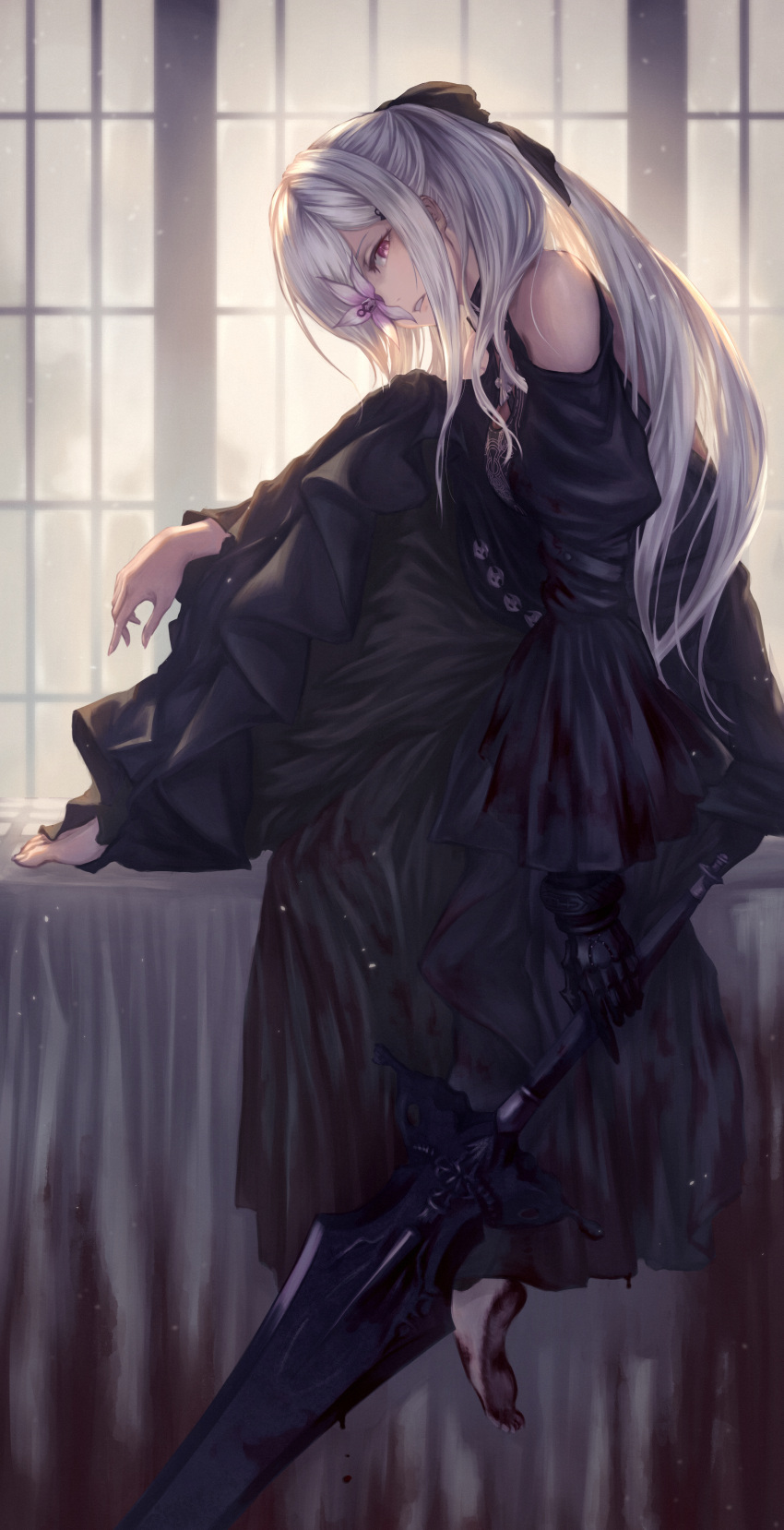 1girl absurdres bare_shoulders barefoot black_dress blood blood_on_feet bow drag-on_dragoon drag-on_dragoon_3 dress flower_eyepatch flower_over_eye hair_bow highres holding holding_sword holding_weapon huge_filesize knees_to_chest long_hair mechanical_arms nier_(series) nier_reincarnation official_alternate_costume parted_lips pink_eyes single_mechanical_arm sitting solo sword weapon white_hair window yasu_(segawahiroyasu) zero_(drag-on_dragoon)