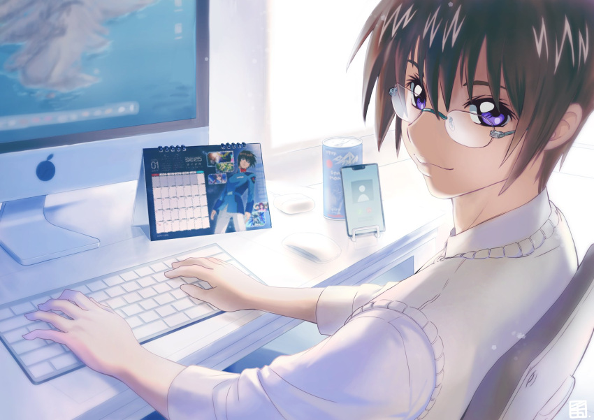 1boy bespectacled brown_hair calendar_(object) can cellphone collared_shirt computer glasses gundam gundam_seed hair_behind_ear highres ichika_(quaternionxxx) keyboard_(computer) kira_yamato looking_at_viewer mouse_(computer) phone shirt sitting smartphone smile solo vest violet_eyes white_shirt yellow_vest