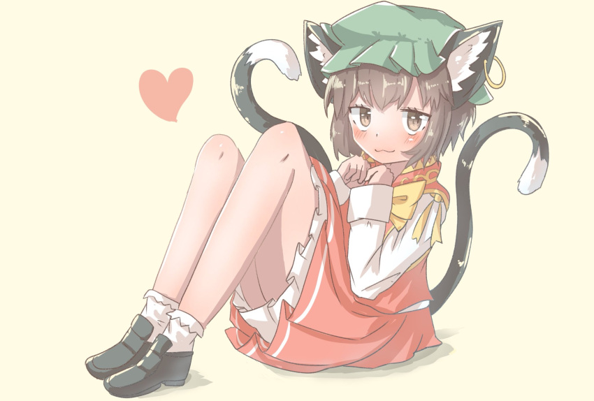 1girl :3 animal_ear_fluff animal_ears blush bow bowtie brown_eyes brown_hair cat_ears cat_tail chen dress full_body gold_trim hat heart highres jewelry knees_up kotatsune looking_at_viewer mob_cap multiple_tails nekomata paw_pose pink_background red_dress short_hair simple_background single_earring sitting solo tail touhou two_tails yellow_neckwear