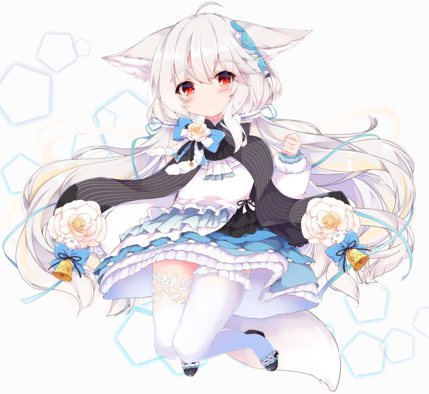 1girl ahoge animal_ear_fluff animal_ears bangs black_footwear blush closed_mouth commentary_request commission dress eyebrows_visible_through_hair flower frilled_dress frilled_legwear frills full_body fur-trimmed_sleeves fur_trim fuuna hair_between_eyes hand_up highres long_sleeves looking_at_viewer mismatched_legwear original puffy_long_sleeves puffy_sleeves red_eyes sakurada_shiro shoes silver_hair skeb_commission smile solo tail thigh-highs white_background white_dress white_flower white_legwear