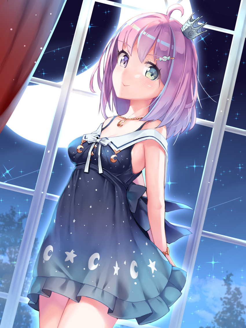 1girl :d ahoge arms_behind_back bare_shoulders blue_dress blush breasts commentary_request cowboy_shot crescent_moon crown curtains dress green_eyes heterochromia highres himemori_luna hololive indoors looking_at_viewer medium_breasts medium_hair mini_crown mogmog moon night off-shoulder_dress off_shoulder open_mouth pink_hair print_dress smile solo standing starry_sky_print violet_eyes virtual_youtuber window