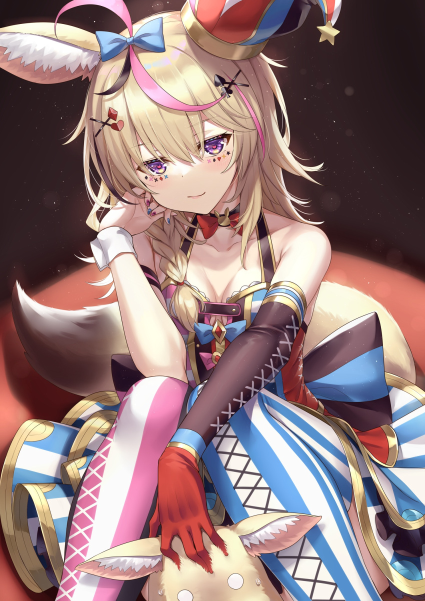 1girl ahoge animal animal_ear_fluff animal_ears bangs bare_shoulders blonde_hair blue_bow blue_nails bow braid breasts collarbone elbow_gloves facial_mark fennec_fox fox_ears fox_girl fox_tail gloves hair_between_eyes hair_bow hair_ornament hairclip hat highres hololive jester_cap ks_(xephyrks) long_hair looking_at_viewer medium_breasts mismatched_legwear multicolored multicolored_hair multicolored_nails omaru_polka pink_hair playing_card_theme purple_nails side_braid single_braid single_elbow_glove single_wrist_cuff sitting smile solo streaked_hair symbol-shaped_pupils tail tilted_headwear two-tone_hair violet_eyes virtual_youtuber x_hair_ornament