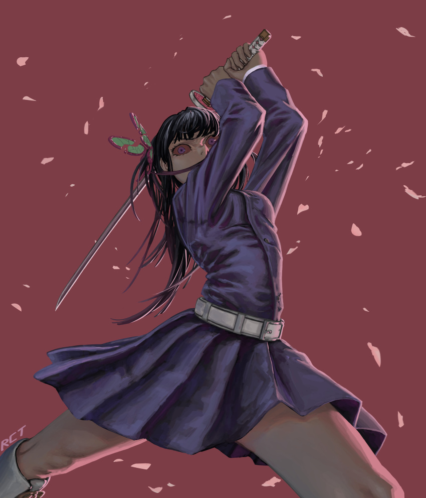 1girl absurdres belt black_hair blue_skirt butterfly_hair_ornament colored_sclera crazy_eyes hair_ornament highres holding holding_sword holding_weapon kimetsu_no_yaiba long_hair long_sleeves pleated_skirt red-core_timber red_background red_sclera simple_background skirt solo sword tsuyuri_kanao violet_eyes watermark weapon